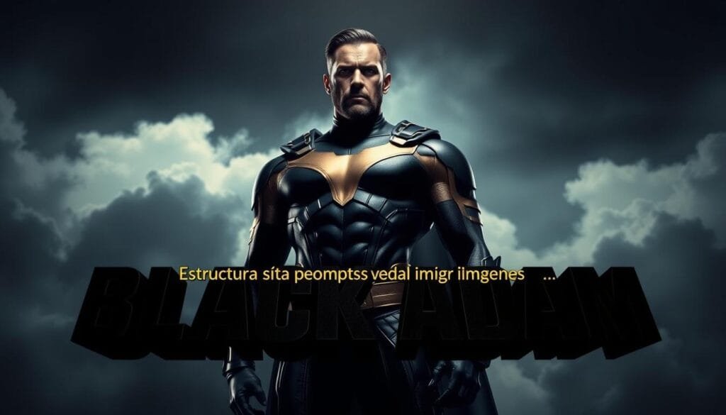 A dark, ominous backdrop with swirling clouds and a dramatic lighting setup, casting deep shadows. In the foreground, a towering, muscular figure with defined features and a determined expression, clad in a sleek, high-tech black and gold costume - this is the structure of a prompt to generate an image of "Black Adam." The middle ground features bold, angular typography in Spanish, spelling out the section title "Estructura básica de prompts para crear imágenes de Black Adam." The overall atmosphere exudes a sense of power, intensity, and the impending arrival of a formidable force.