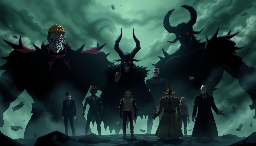 A dark, ominous scene depicting the most memorable villains from the hit anime series JoJo's Bizarre Adventure. In the foreground, the imposing figures of Dio Brando, Kira Yoshikage, and Diavolo loom large, their sinister expressions and menacing auras radiating an air of pure evil. In the middle ground, supporting antagonists like Enrico Pucci, Wamuu, and Kars lurk, their unique abilities and twisted motivations adding depth to the villainous ensemble. The background is shrouded in a hazy, moody atmosphere, with swirling clouds and an ominous, unsettling color palette that evokes the supernatural and bizarre nature of the JoJo universe. The lighting is dramatic, with sharp contrasts and deep shadows that accentuate the villains' imposing and formidable presence. The overall composition and tone convey the sheer power and memorability of JoJo's iconic antagonists.