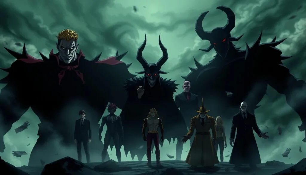 A dark, ominous scene depicting the most memorable villains from the hit anime series JoJo's Bizarre Adventure. In the foreground, the imposing figures of Dio Brando, Kira Yoshikage, and Diavolo loom large, their sinister expressions and menacing auras radiating an air of pure evil. In the middle ground, supporting antagonists like Enrico Pucci, Wamuu, and Kars lurk, their unique abilities and twisted motivations adding depth to the villainous ensemble. The background is shrouded in a hazy, moody atmosphere, with swirling clouds and an ominous, unsettling color palette that evokes the supernatural and bizarre nature of the JoJo universe. The lighting is dramatic, with sharp contrasts and deep shadows that accentuate the villains' imposing and formidable presence. The overall composition and tone convey the sheer power and memorability of JoJo's iconic antagonists. A dark, ominous scene depicting the most memorable villains from the hit anime series JoJo's Bizarre Adventure. In the foreground, the imposing figures of Dio Brando, Kira Yoshikage, and Diavolo loom large, their sinister expressions and menacing auras radiating an air of pure evil. In the middle ground, supporting antagonists like Enrico Pucci, Wamuu, and Kars lurk, their unique abilities and twisted motivations adding depth to the villainous ensemble. The background is shrouded in a hazy, moody atmosphere, with swirling clouds and an ominous, unsettling color palette that evokes the supernatural and bizarre nature of the JoJo universe. The lighting is dramatic, with sharp contrasts and deep shadows that accentuate the villains' imposing and formidable presence. The overall composition and tone convey the sheer power and memorability of JoJo's iconic antagonists.