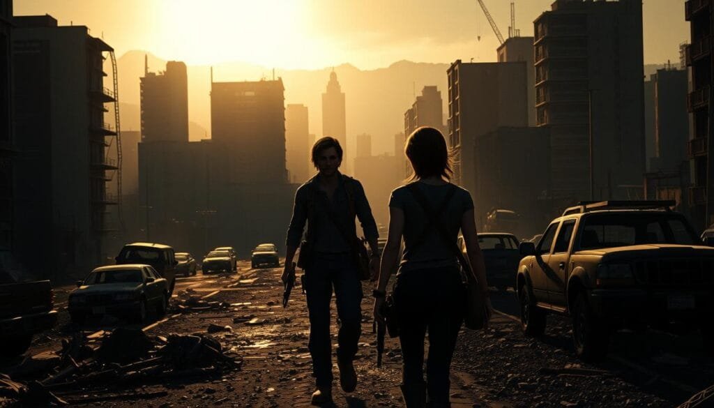 A dark, post-apocalyptic world ravaged by a deadly fungal pandemic. In the foreground, two rugged survivors, Joel and Ellie, navigate the treacherous remains of a once-thriving city. Crumbling buildings and abandoned vehicles litter the middle ground, casting long shadows in the soft, warm glow of a setting sun. In the background, a sense of desolation and isolation pervades, with a hazy, atmospheric lighting that evokes a somber, melancholic tone. The scene captures the gritty, cinematic essence of "The Last of Us," conveying the game's harrowing narrative and the struggle for survival in a world on the brink of collapse.