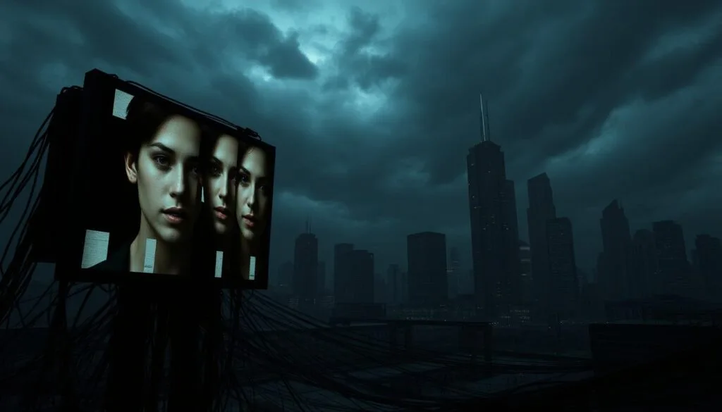 A darkened, dystopian cityscape under a gloomy, ominous sky. In the foreground, a large screen displays fragmented, distorted images of human faces, conveying a sense of surveillance and control. The mid-ground features a network of sinister-looking cables and wires, creating an unsettling, technological landscape. In the background, towering skyscrapers with harsh, angular architecture loom, their windows casting an eerie, flickering glow. The overall scene evokes a sense of unease, as if the viewer is stepping into the unsettling world of the Black Mirror series.