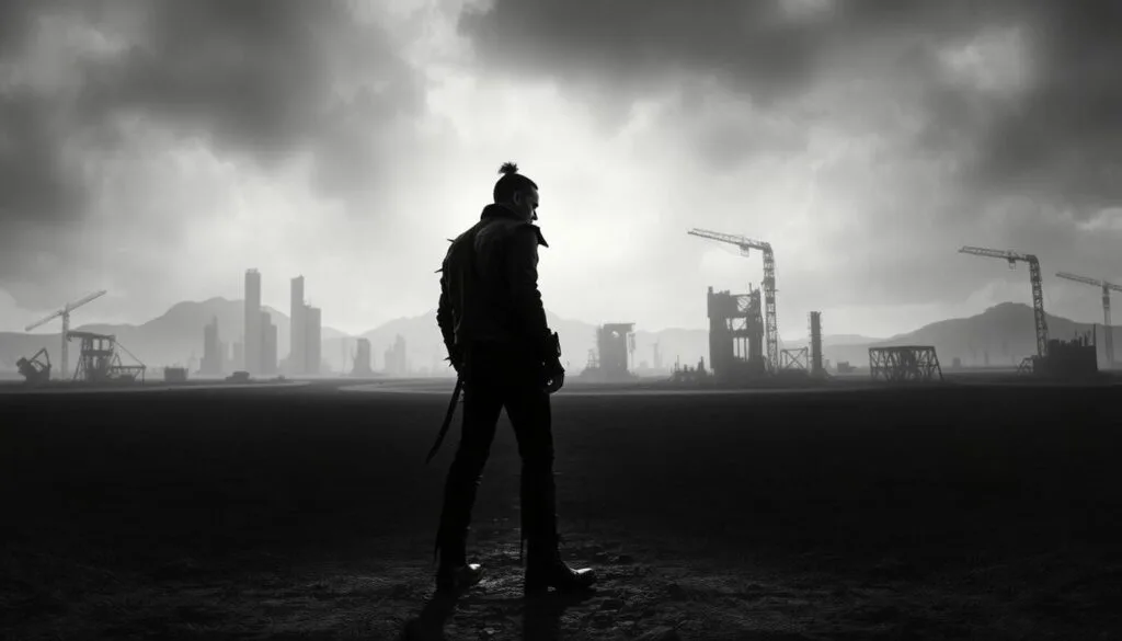 A desolate, post-apocalyptic landscape, shrouded in a hazy, monochromatic palette. In the foreground, a solitary figure stands, adorned in a heavy metal-inspired ensemble - tattered leather jacket, spiked accessories, and a grim, determined expression. The figure's silhouette is backlit, casting long shadows that stretch across the barren terrain. The middle ground is dotted with the remnants of a collapsed, industrial cityscape, crumbling skyscrapers and twisted metal structures. In the distance, a menacing, overcast sky looms, adding to the sense of isolation and despair. The lighting is stark, with deep shadows and harsh highlights, lending a gritty, cinematic quality to the scene. The camera angle is low, giving the viewer a sense of the figure's imposing presence and the overwhelming scale of the devastation.