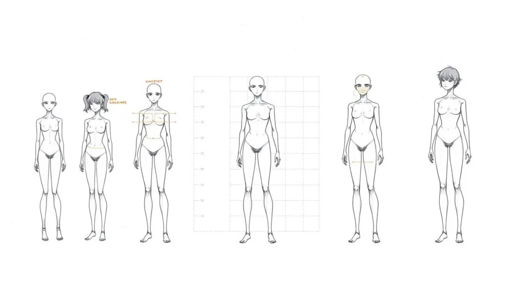 A detailed anatomical illustration of common proportional errors in character designs from the anime series Haikyu!!. Rendered in a precise, technical style with a neutral color palette. The foreground shows several character sketches highlighting issues with limb lengths, head size, facial features, and overall body structure. The middle ground features a grid overlay for reference, and the background has a plain, textured surface to emphasize the instructional nature of the image. Crisp lighting from the side casts subtle shadows to enhance the 3D forms. The overall mood is educational and informative, conveying the topic of this section of the article.