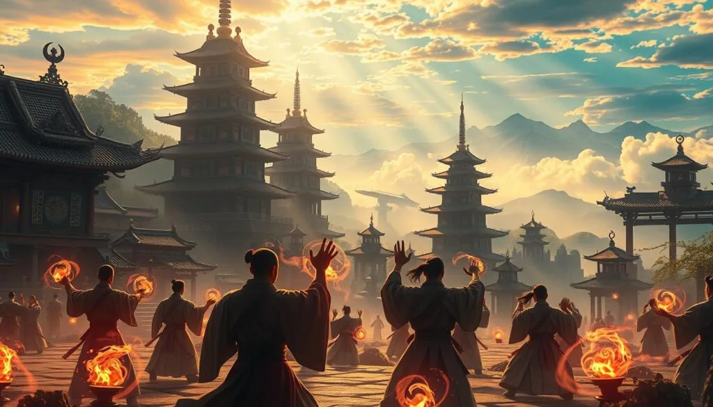 A detailed and engaging image of "ejemplos de prompts IA para Jujutsu Kaisen": Intricate, fantastical scene of a Jujutsu Kaisen-inspired world, showcasing various prompt examples for AI-generated imagery. In the foreground, a group of sorcerers performing complex hand seals, their movements imbued with ethereal energy. The middle ground features towering structures of ancient Japanese architecture, adorned with elaborate carvings and mystical runes. In the background, a vast and immersive landscape, where the sky is painted in a tapestry of vibrant hues, and distant mountains loom large, shrouded in an otherworldly mist. The lighting is dramatic, with beams of soft, diffused light filtering through the scene, creating a sense of wonder and mystery. The overall tone is one of magic, wonder, and the boundless possibilities of AI-powered image creation.