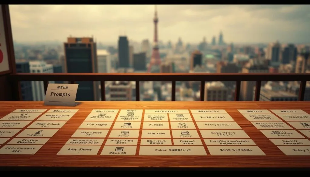 A detailed and organized table of classified prompts for Tokyo Ghoul, rendered with a warm, subdued palette. The foreground features a wooden table with a grid-like arrangement of prompt categories, each represented by carefully curated icons. The middle ground showcases a blurred Tokyo skyline in the background, conveying the urban setting of the anime. The scene is illuminated by soft, diffused lighting, creating a contemplative and informative atmosphere. The camera angle is a slight bird's-eye view, lending a sense of structure and organization to the overall composition.