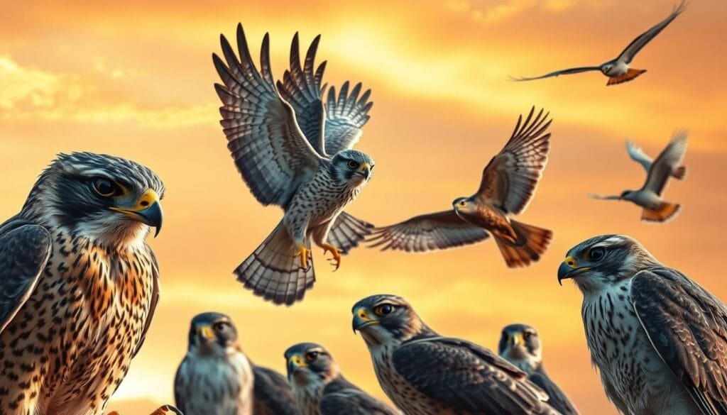 A detailed and stunning portrait of various species of falcons, captured with a high-resolution camera lens. The birds are depicted in a natural setting, showcasing their distinct features and characteristics. The foreground features a majestic peregrine falcon with its sharp beak, hooked talons, and sleek, aerodynamic body, while the middle ground presents a kestrel in a graceful, hovering pose. In the background, a group of Saker falcons soar effortlessly against a vibrant, golden-hued sky, with wispy clouds adding depth and dimension. The lighting is soft and diffused, highlighting the birds' rich, textured plumage and creating a serene, naturalistic atmosphere. The overall composition and attention to detail convey the beauty, power, and diversity of these remarkable avian predators.