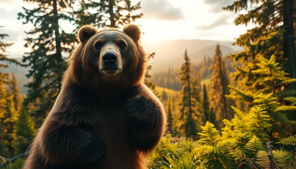 A detailed and vibrant image of "prompts para The Bear" in a natural forest setting. The foreground features a close-up of a brown bear standing on its hind legs, with a curious expression and vivid fur texture. The middle ground shows a lush, verdant forest with towering trees and ferns, bathed in warm, golden afternoon sunlight filtering through the canopy. In the background, rolling hills and a partly cloudy sky create a serene, picturesque landscape. The overall scene conveys a sense of tranquility and wonder, highlighting the bear's presence in its natural habitat. The lighting is soft and diffused, with highlights and shadows creating a sense of depth and dimensionality. The camera angle is slightly elevated, offering a compelling, immersive perspective.