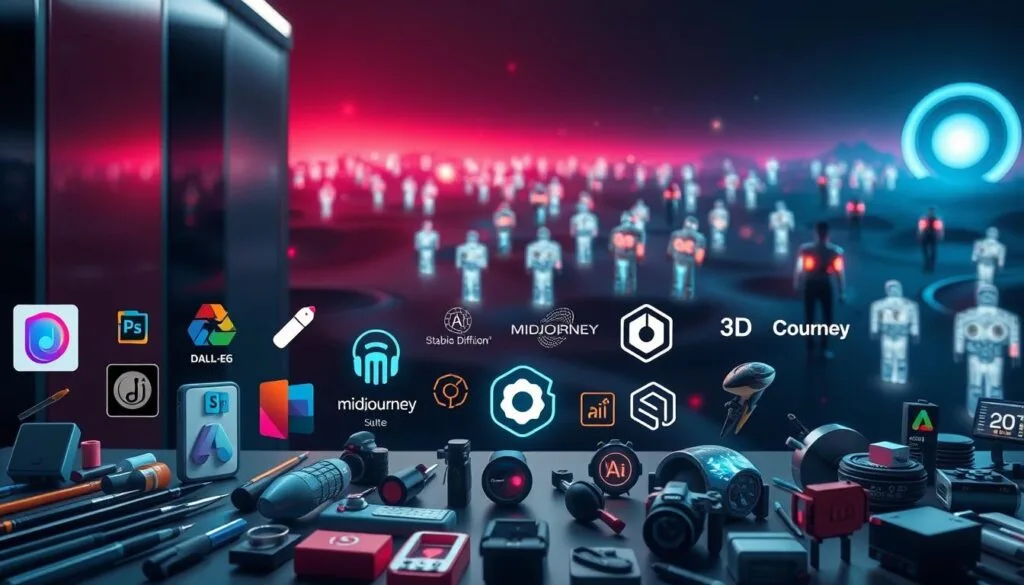 A detailed array of AI-powered tools for creating Among Us-inspired imagery. In the foreground, a collection of digital brushes, stylus, and image editing software icons float against a sleek, high-tech backdrop. The middle ground showcases various AI model logos - Stable Diffusion, DALL-E, Midjourney - alongside 3D rendering programs and animation suites. In the background, a surreal landscape of glowing, futuristic Among Us crewmates drifts across a moody, neon-tinged environment, hinting at the endless creative possibilities unlocked by these innovative AI tools. Cinematic lighting and a sense of depth and dimension bring the entire scene to life, capturing the essence of "AI-powered Among Us imagery" in a visually captivating way.