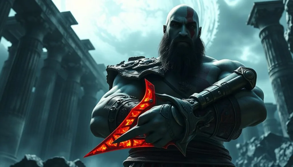 A detailed, cinematic close-up of Kratos, the Ghost of Sparta, standing amidst the ruins of a fallen Olympian temple. His powerful, weathered hands grip his legendary Blades of Chaos, their fiery blades casting an intense glow across his stoic, determined expression. The environment is bathed in a moody, dramatic lighting, with a sense of ominous, foreboding atmosphere. The background features towering, crumbling marble columns and a swirling, ominous sky, hinting at the epic scale of the God of War's battles. Detailed textures, high-contrast shadows, and a sense of depth and dimensionality create a vivid, immersive scene.