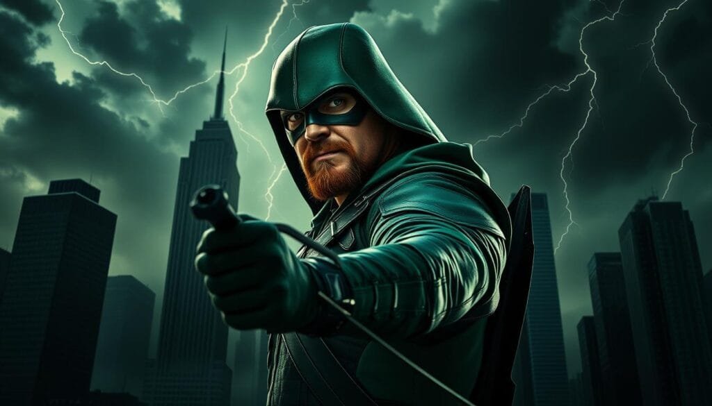 A detailed, cinematic depiction of Green Arrow, the emerald-clad archer, standing tall amidst a dramatic urban landscape. The hero's chiseled features are highlighted by moody, high-contrast lighting, with his iconic mask and goatee adding an air of mystery. In the foreground, his bow is drawn back, an arrow nocked and ready to fire. The middle ground features the towering skyscrapers of a modern city, their angular silhouettes casting long shadows across the scene. In the background, a stormy sky with billowing clouds and flashes of lightning sets an ominous, yet heroic tone. The overall atmosphere evokes a sense of power, determination, and the relentless pursuit of justice.