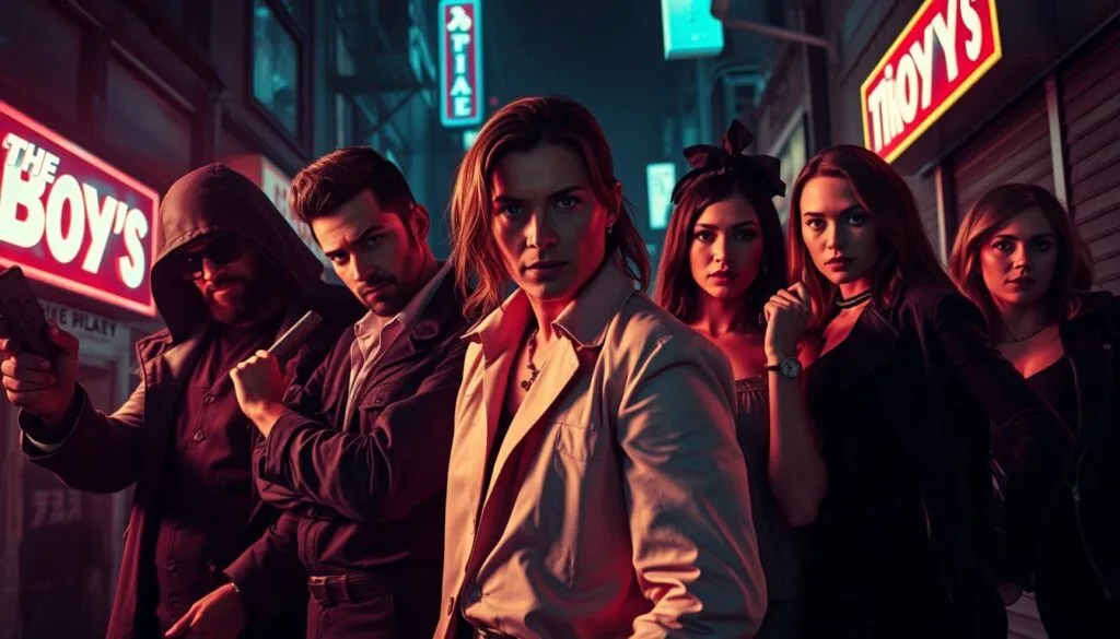 A detailed, cinematic group portrait of the main characters from the popular TV series "The Boys". Set in a gritty, neon-lit urban environment, the characters are posed with a sense of power and defiance. Bright, dramatic lighting casts dynamic shadows, highlighting their distinctive features and costumes. Included are Homelander, Butcher, Starlight, Hughie, The Female, Frenchie, and Kimiko, each striking an intense, memorable pose. The atmosphere is moody and intense, reflecting the complex themes and morally ambiguous nature of the show.