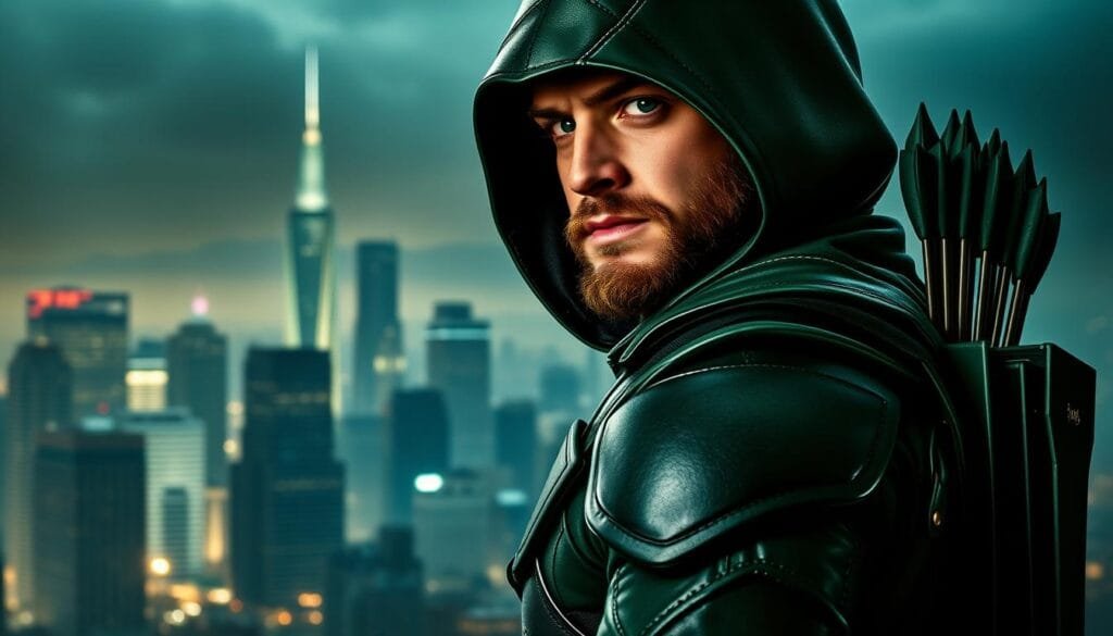 A detailed, cinematic portrait of the Green Arrow from the television series. In the foreground, the hero stands tall, his iconic green leather suit and hood complementing his determined expression. Arrows are slung across his back, and his gloved hands grip a high-tech bow, ready for action. The middle ground features the urban skyline of Star City, its skyscrapers and neon lights creating a moody, atmospheric backdrop. Dramatic, side-lighting casts deep shadows, accentuating the hero's chiseled features and muscular physique. The overall tone is gritty, grounded, and true to the character's comic book origins, capturing the essence of the Green Arrow from the acclaimed TV series.