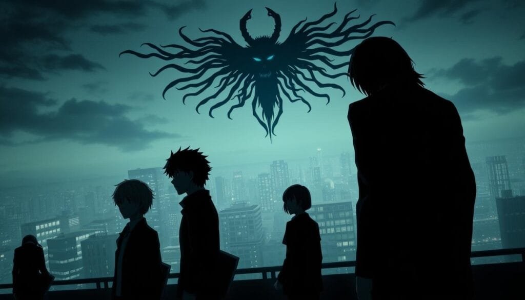 A detailed, cinematic scene depicting the secondary characters of the anime series Death Note. In the foreground, an ensemble of figures - Matsuda, Mogi, Aizawa, Ide, and Ukita - stand solemnly, their expressions a mix of determination and unease. In the middle ground, the ominous silhouette of Watari looms, his face obscured by shadow. In the background, a hazy cityscape of Tokyo at night, with the iconic Kira Shinigami floating ominously above. Dramatic chiaroscuro lighting casts dramatic shadows, heightening the sense of mystery and tension. The overall mood is somber, reflective, and vaguely foreboding, capturing the weight of the Death Note narrative and the pivotal roles these characters play.