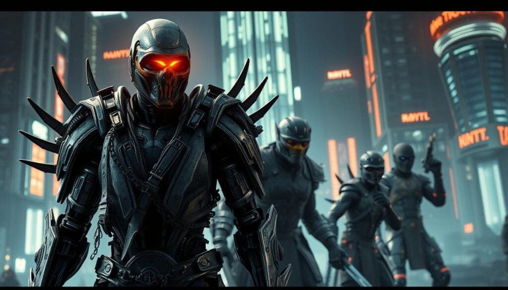A detailed, cinematic scene of cyborg warriors from the Mortal Kombat universe. In the foreground, a menacing cyborg with razor-sharp blades, glowing eyes, and a metallic exoskeleton stands ready for battle. The middle ground features other technologically-enhanced fighters, each with distinct cybernetic enhancements and deadly fighting styles. The background depicts a gritty, neon-lit dystopian cityscape, with towering skyscrapers and a moody, atmospheric lighting that casts dramatic shadows. The overall tone is one of futuristic violence and technological enhancement, capturing the essence of the Mortal Kombat franchise's technological fighters.