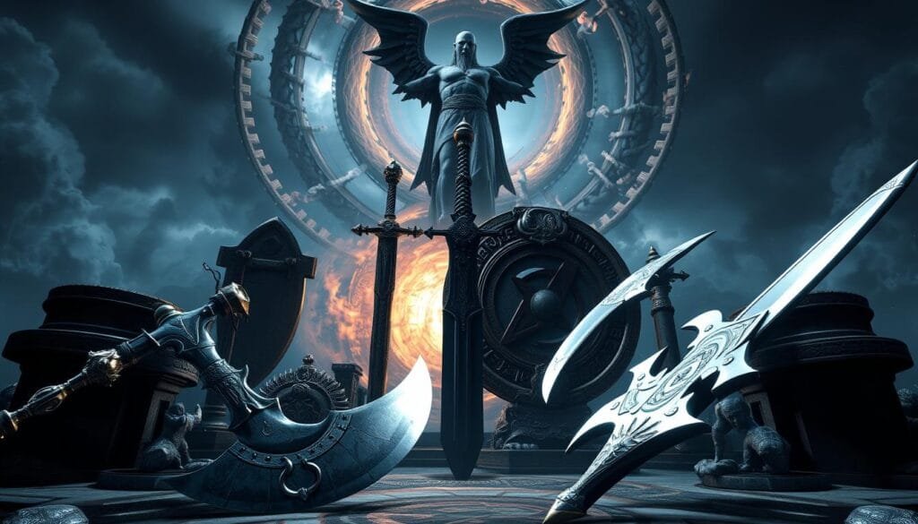 A detailed, cinematic scene showcasing the iconic weapons and objects from the God of War universe. In the foreground, the Blades of Chaos and the Leviathan Axe are prominently displayed, their blades gleaming under dramatic lighting. In the middle ground, the Sword of Athena and the Shield of Chaos stand tall, surrounded by a swirling vortex of ancient Greek imagery and mythological symbols. In the background, a towering statue of Zeus or Ares looms, casting an ominous presence over the ensemble. The overall atmosphere is one of power, grandeur, and the epic scale of the God of War franchise.