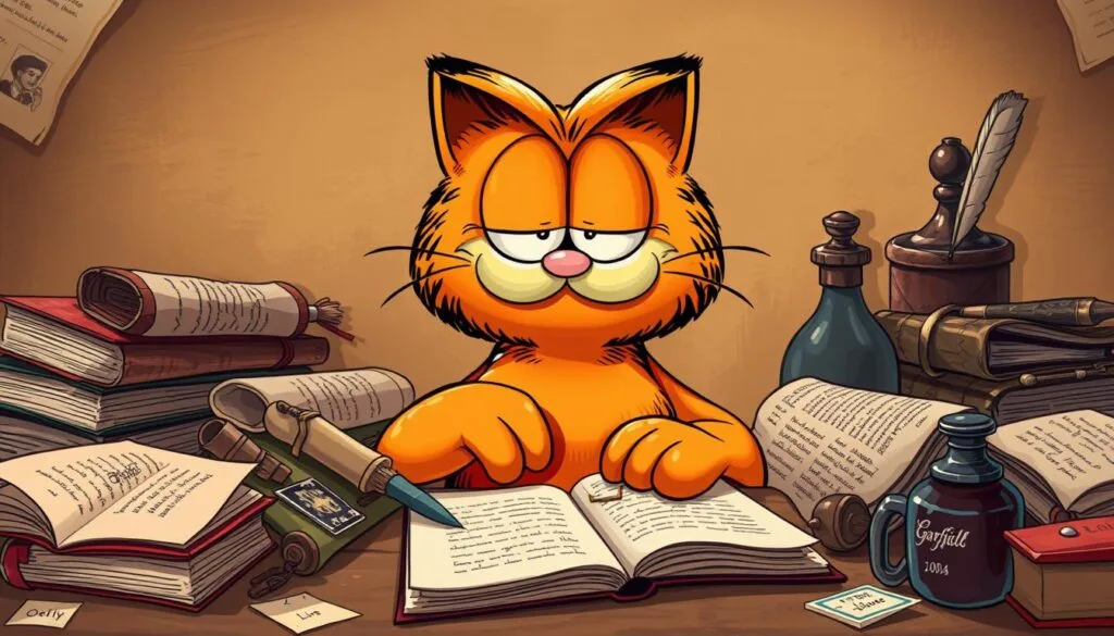A detailed close-up illustration of Garfield the cat surrounded by various resources for crafting effective prompts, including books, scrolls, quills, and ink bottles, all set against a warm, textured backdrop with soft lighting and a slightly vintage aesthetic. The image should convey a sense of creativity, inspiration, and the pursuit of refining one's skills in prompt engineering for Garfield-themed AI-generated art.