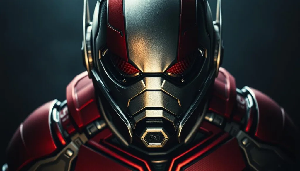 A detailed close-up of Ant-Man's iconic superhero suit, captured in a high-resolution cinematic style. The exquisitely crafted red and gold armor panels shimmer under dramatic lighting, showcasing the intricate textures and mechanical details. The image focuses on the frontmost portion of the suit, highlighting the distinctive insect-like helmet with its large, glowing eyes. The background is a shadowy, moody environment, adding a sense of depth and emphasizing the suit's sleek, futuristic aesthetic. The lighting casts dramatic shadows, creating a bold, cinematic atmosphere that enhances the powerful, heroic presence of the Ant-Man suit.
