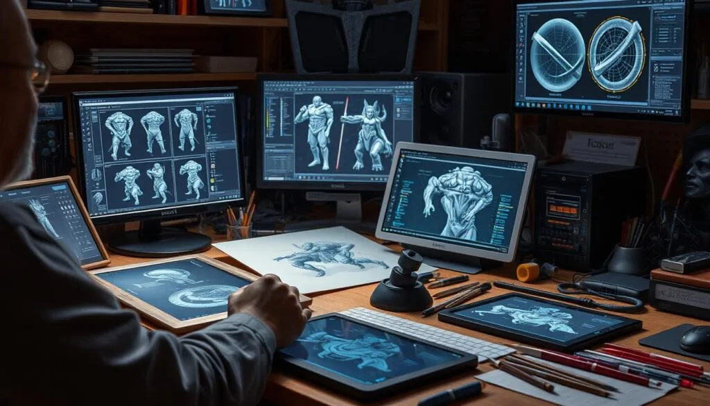 A detailed close-up of a craftsman's workbench, showcasing an array of specialized AI tools and software used for optimizing Demon Slayer character designs. Soft, diffused lighting illuminates the meticulously organized array of digital brushes, tablets, and screens displaying 3D models and complex algorithms. The scene exudes a sense of focus, creativity, and technical mastery, reflecting the skill and dedication required to bring these iconic anime characters to life through advanced AI-powered tools and techniques.