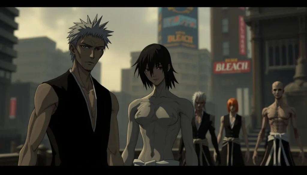 A detailed close-up of common mistakes in Bleach AI-generated images, showcasing misaligned character proportions, unnatural poses, and distorted features. The foreground focuses on a Bleach character model with exaggerated facial features, unnatural limb positions, and inconsistent shading. The middle ground features several additional Bleach character models, each exhibiting different flaws such as disproportionate body parts, unnatural expressions, and improper textures. The background is a blurred, moody cityscape in the Bleach aesthetic, with muted lighting and a somber tone to complement the theme of the image. The overall scene conveys a sense of technical issues and artistic challenges in creating high-quality Bleach visuals using AI-powered image generation.