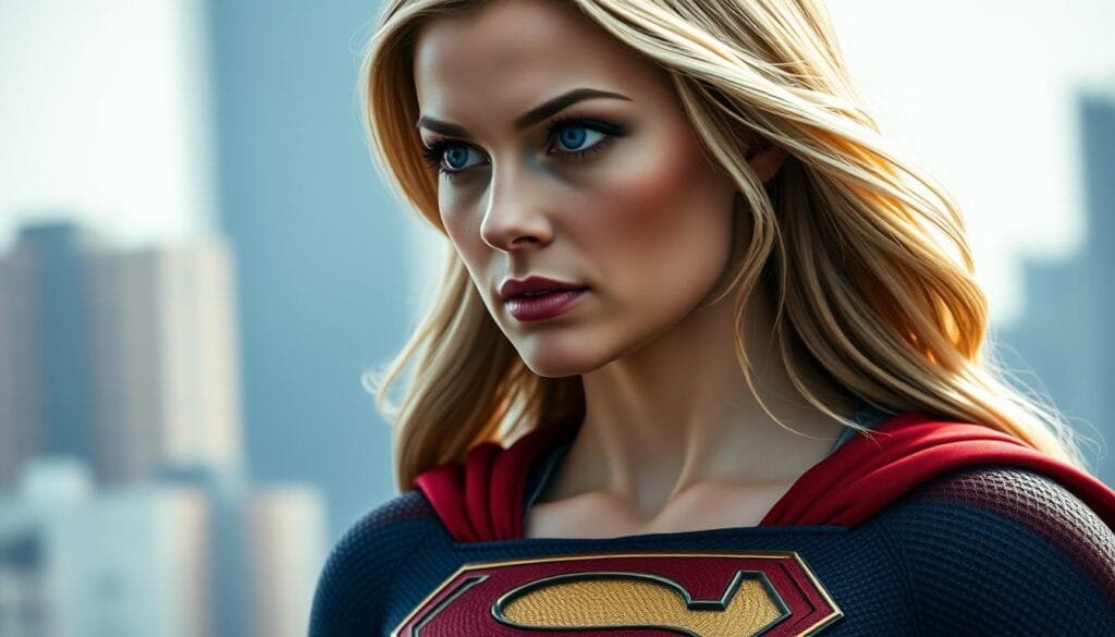 A detailed, close-up portrait of Supergirl in a heroic pose, facing slightly to the left. Her piercing blue eyes gaze determinedly into the distance, lips set in a resolute expression. The soft lighting highlights the intricate folds and textures of her iconic red and blue costume, with the golden "S" emblem prominently displayed on her chest. The background is a blurred, atmospheric cityscape, hinting at the urban environment she protects. The overall mood is one of strength, confidence, and purpose, reflecting Supergirl's unwavering commitment to heroism and justice.