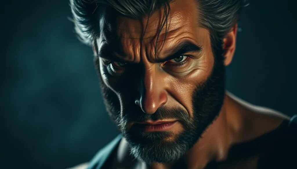 A detailed close-up portrait of Wolverine, the iconic Marvel superhero, against a dimly lit, hazy background. Dramatic low-angle lighting casts deep shadows, accentuating the rugged, weathered features and intense gaze of the character. The image conveys a sense of ethical dilemma and legal complexity surrounding the use of AI-generated content depicting copyrighted characters. The composition and mood evoke the serious tone of the article's section on the ethical and legal considerations of creating Wolverine imagery with artificial intelligence.