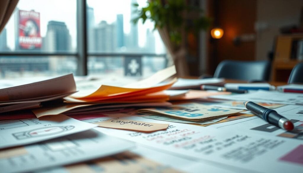 A detailed close-up shot of a tabletop surface, showcasing an array of colorful notes, sketches, and clippings - the creative artifacts of crafting characters for the hit TV series Euphoria. The table is illuminated by a soft, diffused light, casting subtle shadows and highlights that accentuate the textures and materials. In the background, a blurred cityscape hints at the urban setting that provides the backdrop for the show. The overall composition conveys a sense of artistic expression, imagination, and the process of world-building for the captivating characters of Euphoria.