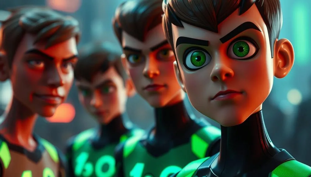 A detailed close-up shot of common errors in AI-generated images of the sci-fi hero Ben 10. In the foreground, distorted and misshapen character models with glitching textures and incorrect proportions. In the middle ground, blurred and pixelated backgrounds, inconsistent lighting, and uncanny facial expressions. In the background, a hazy, dreamlike setting with a sense of technological malfunction and digital decay. The overall mood is one of technical imperfection, a cautionary tale of the limitations of current AI image generation capabilities. Crisp, high-definition rendering with a cinematic lens flare effect and moody chiaroscuro lighting.