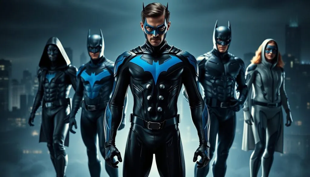 A detailed collection of Nightwing's iconic superhero costumes through the ages, showcased in a dramatic, cinematic composition. The foreground features a central figure wearing the classic blue and black bodysuit, with the signature wing-like emblem emblazoned across the chest. The middle ground reveals alternate versions, including the dark tactical suit and the lighter, modernized attire. In the background, a shadowy Gotham City skyline sets the moody, urban atmosphere, illuminated by dramatic lighting that casts dynamic shadows and highlights the sleek, streamlined designs. Captured with a wide-angle lens to emphasize the heroic stature and dynamic poses of the character, this image captures the evolution and essence of Nightwing's iconic crimefighting style.