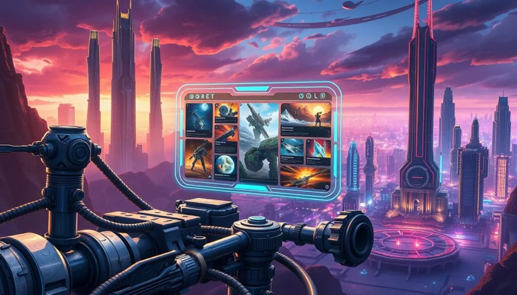 A detailed digital illustration depicting the structure of effective prompts for Valorant. A metallic, mechanical framework in the foreground, with various interlinked components and gears, symbolizing the intricate nature of crafting powerful prompts. In the middle ground, a holographic display showcases different Valorant-themed elements, including agent abilities, weapons, and environments, representing the visual elements to be incorporated. The background features a futuristic, high-tech landscape with towering skyscrapers and a vibrant, neon-lit cityscape, evoking the cyberpunk aesthetic of the Valorant universe. The lighting is a combination of warm, direct illumination and cool, ambient lighting, creating depth and drama. The overall mood is one of technological sophistication and strategic precision, reflecting the essential nature of constructing effective prompts for Valorant image generation.