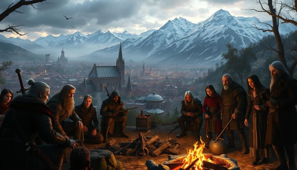 A detailed fantasy scene depicting the secondary characters of The Witcher. In the foreground, a diverse group of figures - mercenaries, mages, and mysterious strangers - gather around a flickering campfire, their faces cast in warm, dramatic lighting. In the middle ground, a sprawling medieval town with cobblestone streets and towering cathedrals stretches out, hinting at the larger world beyond. In the background, a rugged, snow-capped mountain range rises up, shrouded in mist and mystery. The overall atmosphere is one of adventure, intrigue, and the hidden depths of the Witcher's realm.