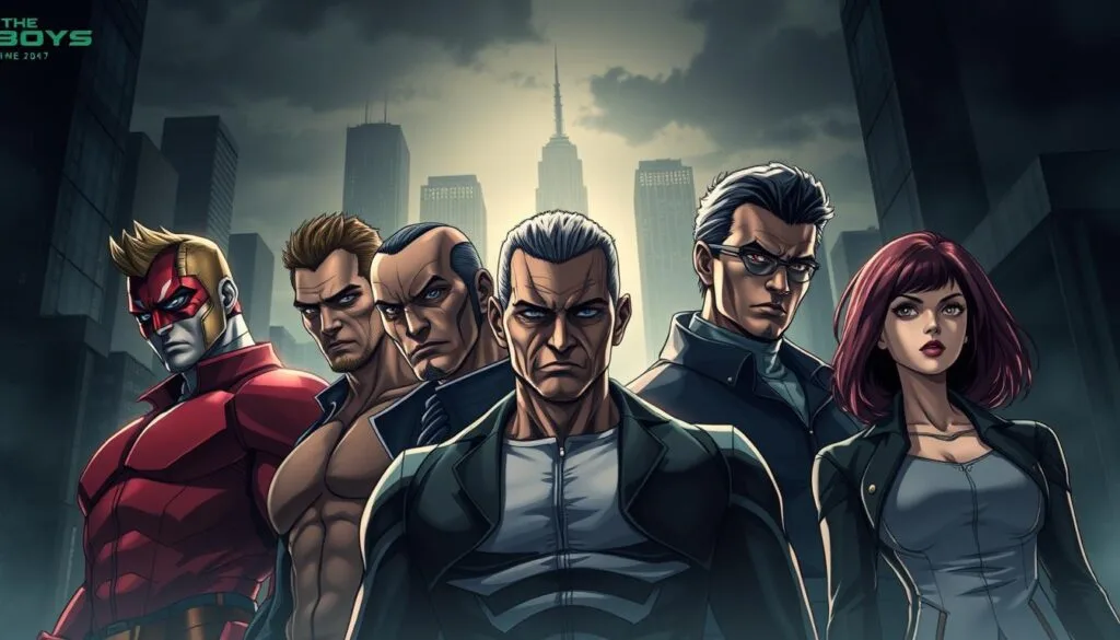 A detailed group portrait of the main characters from the superhero TV series "The Boys" - Homelander, Starlight, Butcher, Hughie, Frenchie, MM, and Kimiko. Set in a gritty, dimly lit cityscape with towering skyscrapers in the background, the characters are positioned in the foreground, each with a distinct expression and pose that captures their unique personalities and abilities. The lighting is dramatic, with deep shadows and highlights that accentuate the characters' chiseled features and intense gazes. The overall atmosphere is one of tension, power, and moral ambiguity, reflecting the complex themes and storylines of the show.