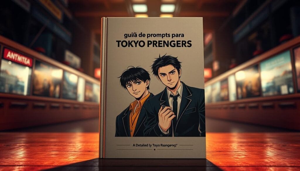 A detailed guidebook titled "guía de prompts para Tokyo Revengers" set against a dynamic backdrop. The cover features a striking manga-inspired illustration of the show's protagonists, Takemichi Hanagaki and Manjiro "Mikey" Sano, in their signature styles. The book is presented in a sleek, minimalist design with a muted color palette, conveying a sense of sophistication. The scene is illuminated by warm, directional lighting that casts dramatic shadows, adding depth and drama. The overall mood is one of intrigue and anticipation, befitting the gritty, high-stakes world of Tokyo Revengers.