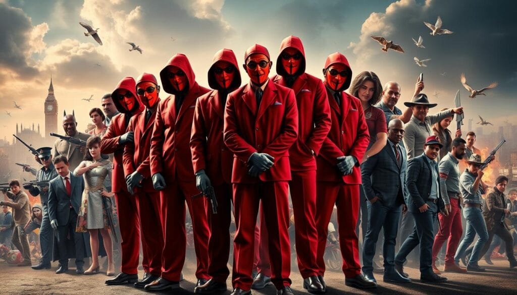 A detailed, high-resolution image of a crossover between the hit Netflix series "La Casa de Papel" (Money Heist) and various popular franchises and characters. In the foreground, the core heist crew from "La Casa de Papel" - the Professor, Tokyo, Nairobi, Berlin, and others - stand together, dressed in their iconic red jumpsuits and Salvador Dalí masks. They are surrounded by a diverse array of characters from movies, TV shows, video games, and comics, seamlessly integrated into the scene. The middle ground features a dynamic and chaotic backdrop, with elements from the "La Casa de Papel" universe blending with the distinctive visual styles of the crossover properties. In the background, a grand, sweeping cityscape or landscape serves as the stage for this epic convergence of fictional worlds, bathed in dramatic lighting and atmospheric effects.
