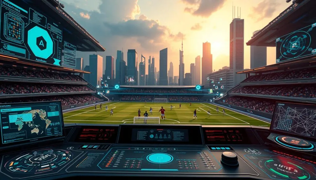 A detailed, high-resolution image of advanced AI techniques applied to the FIFA video game franchise. The foreground shows a futuristic-looking control panel with various interactive displays and holographic projections, showcasing cutting-edge machine learning algorithms, neural networks, and data visualization tools. The middle ground features a soccer pitch with lifelike player models and dynamic animations, demonstrating the AI's ability to generate realistic in-game scenarios. In the background, a cityscape with towering skyscrapers and advanced technology is visible, creating an immersive, sci-fi atmosphere. The lighting is a combination of warm, subdued tones and sharp, neon-like accents, adding depth and drama to the scene. The overall tone is one of technological innovation, seamlessly blending the worlds of sports simulation and artificial intelligence.