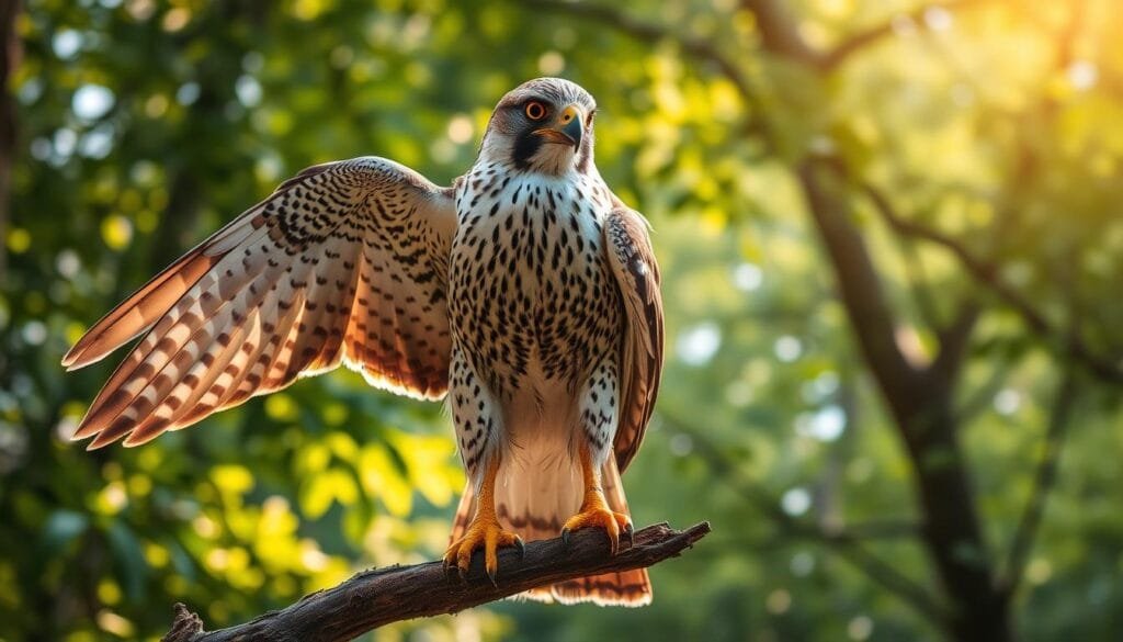 A detailed, high-resolution photograph of a falcon in natural lighting. The falcon is perched on a branch, with its wings partially outstretched, showcasing the intricate feather patterns and anatomy. The background is a lush, verdant forest scene, with soft, diffused light filtering through the canopy, creating a warm, naturalistic atmosphere. The composition emphasizes the falcon's powerful presence, with attention to the sharp talons, hooked beak, and keen, intelligent eyes. The image captures the grace, strength, and beauty of this magnificent bird of prey.