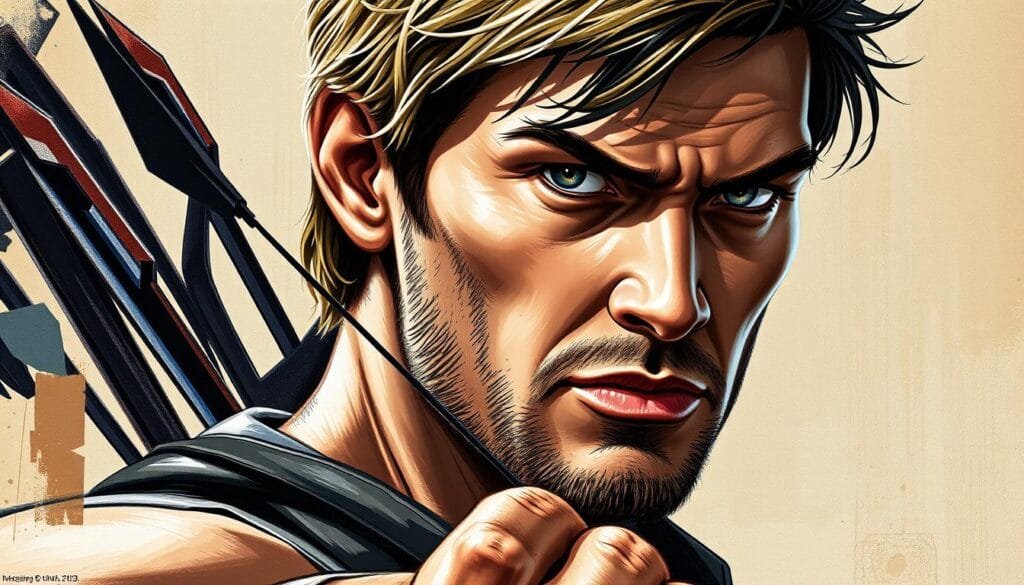 A detailed, high-resolution portrait of Hawkeye, the Marvel superhero, in various artistic styles. The foreground features Hawkeye's face and upper body, rendered with intricate brushstrokes in the style of an oil painting. The middle ground showcases his iconic bow and arrow, depicted in the bold, angular lines of a woodcut print. The background blends abstract shapes and colors, evoking the feel of an expressionist or cubist composition. Dramatic lighting casts dramatic shadows, creating a sense of depth and drama. The overall mood is one of heroic intensity, with Hawkeye's determined expression reflecting the character's skills and bravery.