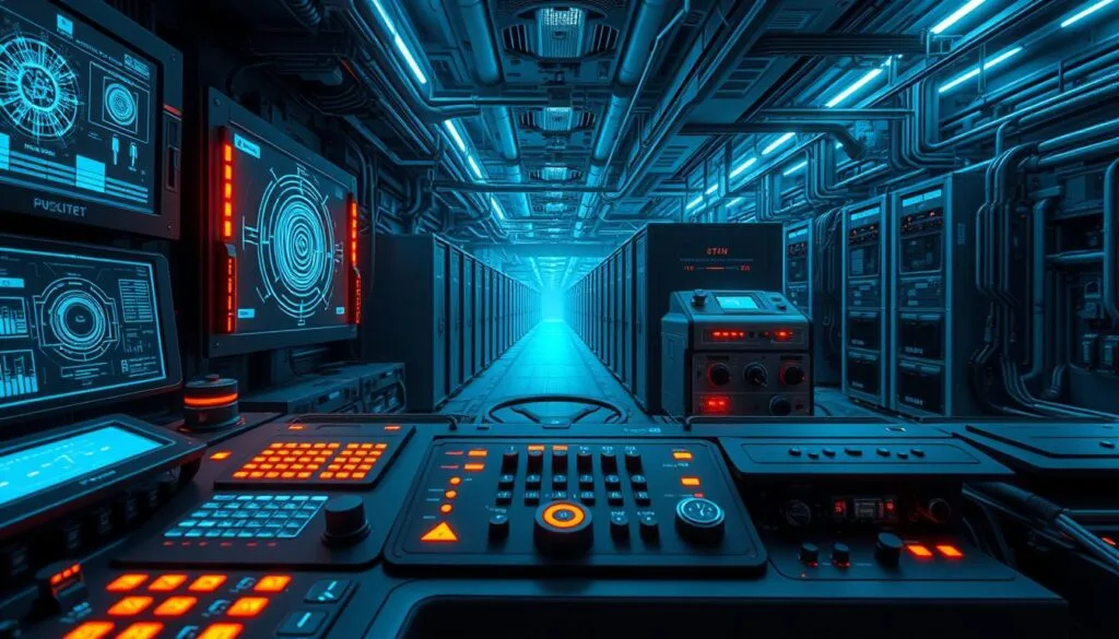 A detailed, high-tech control panel with advanced prompting tools and settings. In the foreground, a futuristic interface with glowing buttons, dials, and sliding switches. Holographic displays project intricate data visualizations. The middle ground features an array of sleek, metallic prompting devices with specialized inputs and outputs. In the background, a vast expanse of technical infrastructure - servers, cables, and cooling systems - all bathed in a cool, blue-tinted lighting. The overall scene conveys a sense of power, precision, and the cutting edge of prompt engineering.
