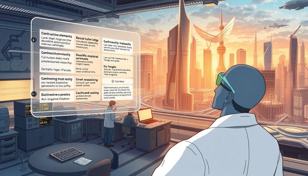 A detailed illustration depicting common errors encountered when crafting prompts for Transformer-based image generation models. The foreground features a scientist-like figure studying a holographic display showcasing various prompts, each with obvious flaws such as contradictory elements, excessive specificity, and lack of cohesion. The middle ground shows a bustling AI research lab environment with various equipment and scientists collaborating. The background portrays a futuristic cityscape with towering skyscrapers and advanced transportation systems, hinting at the powerful potential of Transformer-based image generation when used effectively. The overall scene conveys a sense of investigative analysis, problem-solving, and the journey towards mastering prompt engineering for Transformer models.