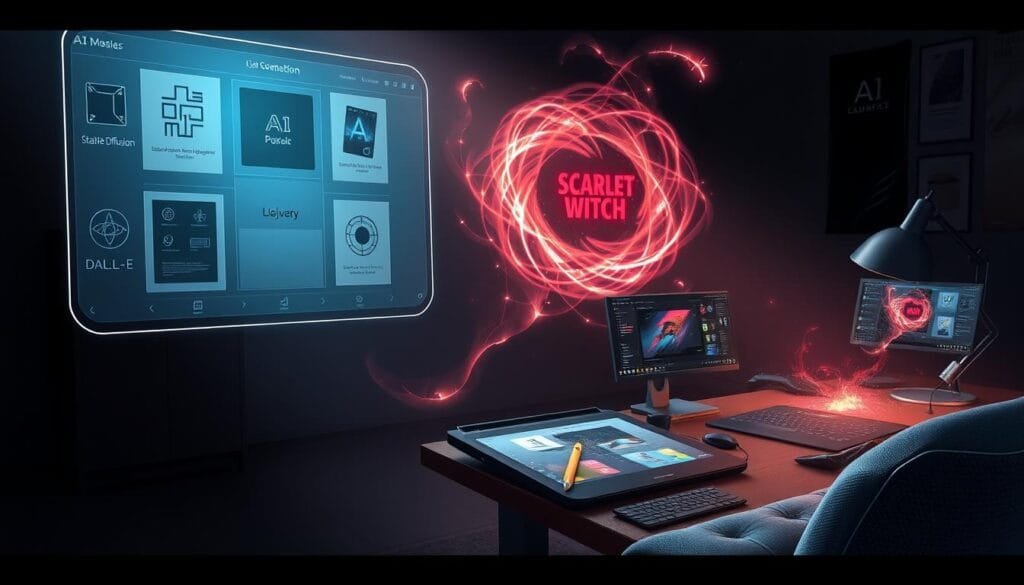 A detailed illustration of AI-powered tools for creating Scarlet Witch images. In the foreground, a floating holographic display showcases various image editing software and AI models, including Stable Diffusion, DALL-E, and Midjourney. The middle ground features a workstation with a powerful graphics tablet, stylus, and 3D modeling tools. In the background, a magical energy field swirls, hinting at Scarlet Witch's powers and the otherworldly nature of the image creation process. Soft, dramatic lighting casts deep shadows, creating an atmosphere of mystery and creativity. The overall scene conveys the capabilities of modern AI-driven image generation tools and their potential to bring Scarlet Witch to life with vivid, imaginative detail.