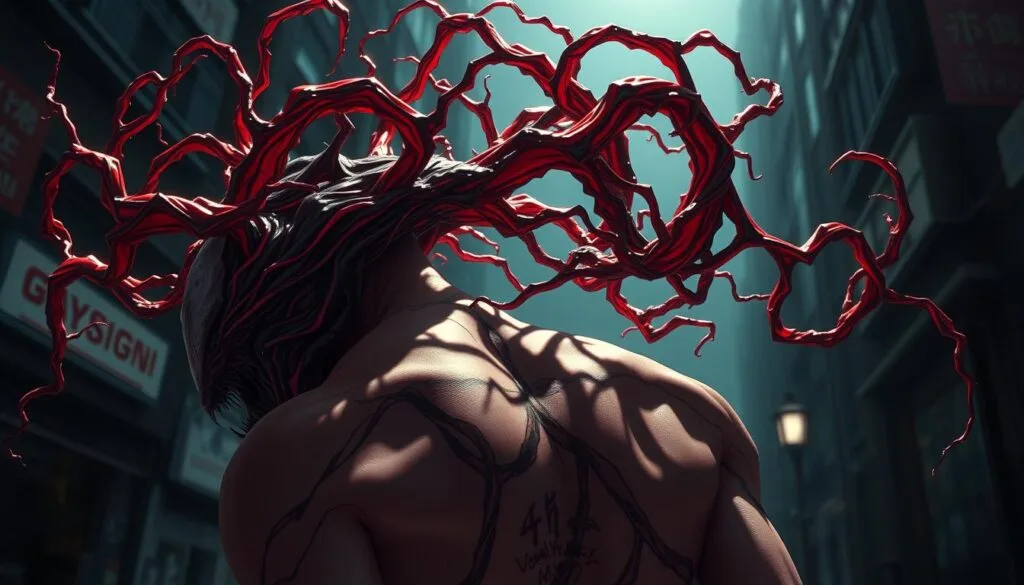 A detailed, intricate, and captivating kagune from the Tokyo Ghoul universe. The kagune emerges from the back of a ghoul, its organic, otherworldly appearance contrasting with the human form. Tendrils of red and black flesh twist and writhe, emanating a powerful, ominous aura. Veins pulsate with energy, as if the kagune is a living, sentient being. Dramatic lighting casts deep shadows, heightening the sense of danger and mystery. The background is a dimly lit, gritty urban setting, with the kagune the focal point, commanding attention. Rendered in stunning photorealistic detail, the image captures the essence of this iconic Tokyo Ghoul element.