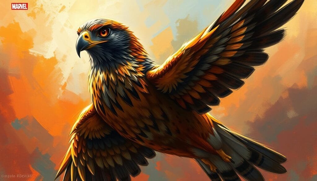 A detailed, masterfully-crafted portrait of the iconic Falcon character, depicted in a stunning, artistic rendering. The Falcon soars majestically against a backdrop of vibrant, impressionistic brush strokes, the colors shifting and swirling like a captivating dance of light and shadow. The Falcon's form is rendered with exquisite precision, every feather and contour meticulously defined, imbuing the creature with a sense of power and grace. The lighting is dramatic, creating deep shadows and dramatic highlights that accentuate the Falcon's regal features. The overall composition is balanced and harmonious, drawing the viewer's eye to the Falcon's piercing gaze, which seems to emanate a sense of wisdom and wonder. This is a stunning, artistic interpretation that truly captures the essence of the Falcon in a breathtaking, awe-inspiring way.