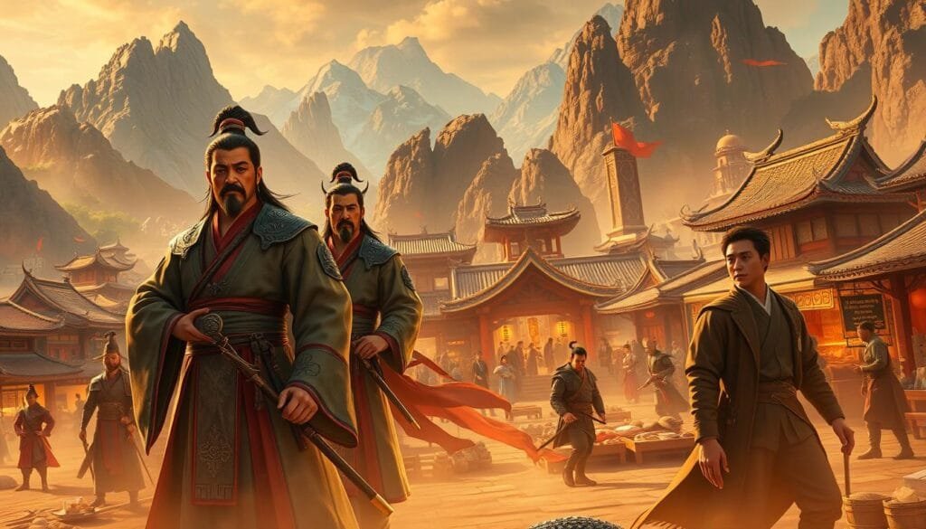 A detailed panoramic scene of the vibrant city of Liyue, showcasing its iconic characters in a dynamic, cinematic composition. In the foreground, the adepti Ganyu and Xiao stand proudly, their transcendent expressions and powerful poses commanding attention. In the middle ground, the skilled craftsmen Zhongli and Keqing are engaged in their respective tasks, their movements captured with fluid, lifelike detail. In the background, the bustling marketplace is alive with activity, featuring the merchant Ningguang and the adventurer Beidou overseeing the bustling trade. The scene is bathed in warm, golden lighting, creating a sense of mysticism and ancient grandeur. The composition is framed by the towering, majestic mountains of Liyue, lending a sense of scale and immersion to the overall image.