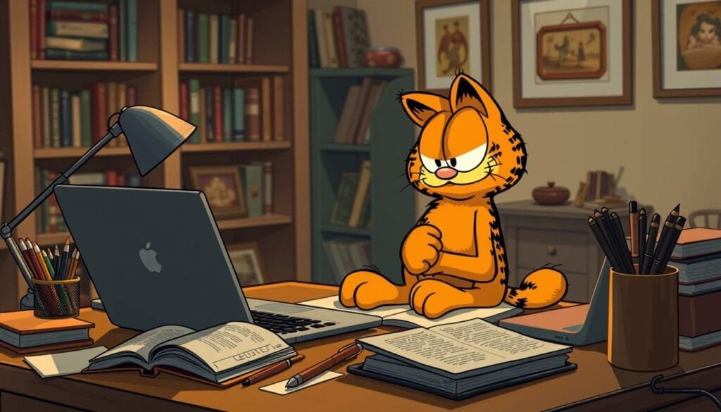 A detailed, photorealistic illustration of Garfield the cat, sitting on a desk surrounded by various writing and editing tools. The feline is gazing intently at a laptop screen, deep in concentration as he contemplates advanced prompt engineering techniques. The desk is meticulously organized, with a few open books, a pen holder, and a cup of coffee nearby. Warm, soft lighting illuminates the scene, casting subtle shadows and highlights on Garfield's vibrant orange fur. The background is a cozy, inviting home office, with bookshelves and framed artwork visible in the periphery. The overall mood is one of focused creativity and intellectual engagement, reflecting the "advanced techniques" theme of the illustration.
