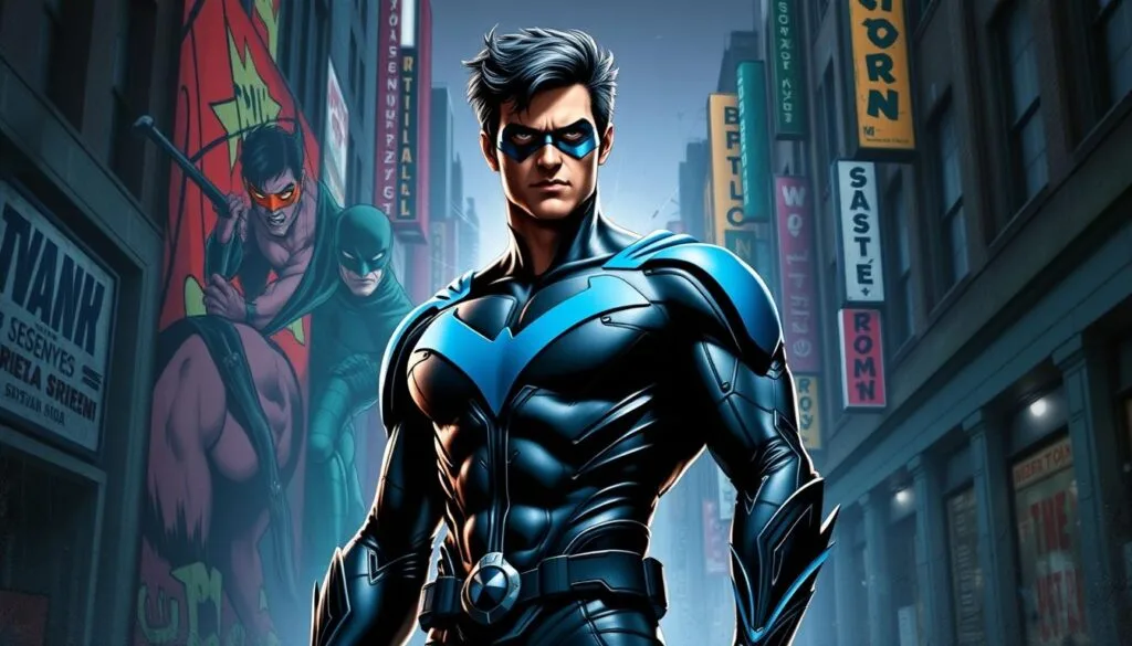 A detailed portrait of Nightwing, the iconic DC superhero, rendered in a variety of artistic styles. In the foreground, Nightwing stands in a dramatic heroic pose, his muscular frame and acrobatic prowess on full display. His distinctive blue and black costume is illuminated by dramatic lighting, casting deep shadows that accentuate his chiseled features. The middle ground features a kaleidoscope of artistic interpretations, ranging from a bold, graphic novel-inspired rendering to an impressionistic, paint-splattered canvas. In the background, the gritty, neon-tinged streets of Gotham City provide a dynamic urban backdrop, hinting at the challenges and adventures that Nightwing navigates as a protector of the city. The overall composition conveys a sense of power, movement, and the diverse creative possibilities of depicting this iconic superhero character.