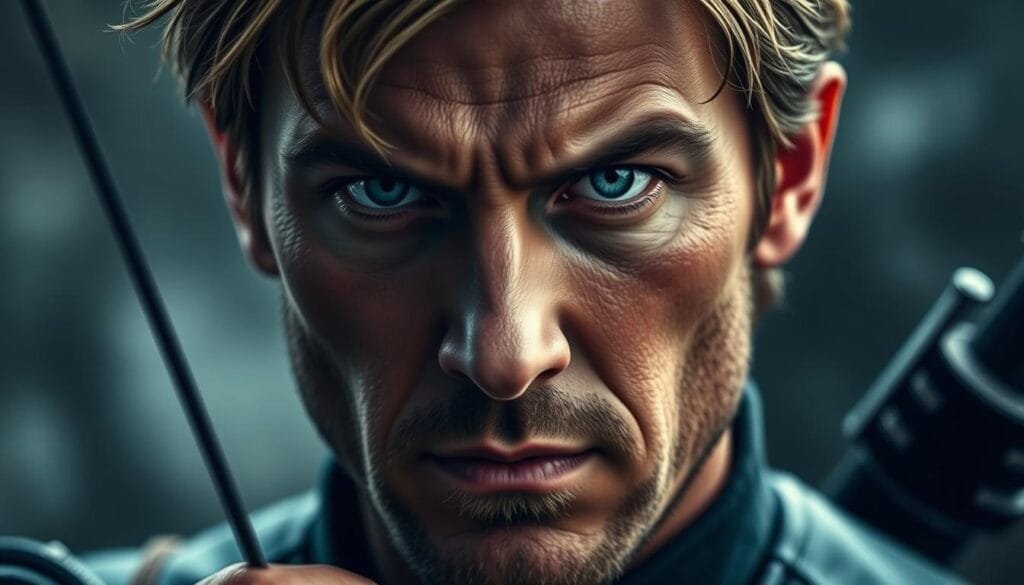 A detailed portrait of the Marvel superhero Hawkeye, featuring his distinctive facial features, piercing gaze, and rugged yet handsome appearance. Captured in a high-resolution, cinematic style, with carefully crafted lighting that accentuates the chiseled contours of his face and the intensity in his eyes. The image should convey a sense of quiet determination and focus, as if Hawkeye is in the midst of a critical mission, ready to unleash his formidable archery skills. Set against a subtly blurred, atmospheric background that hints at the character's adventurous lifestyle and heroic deeds. The overall tone should be gritty, realistic, and true to the character's comic book and cinematic depictions.