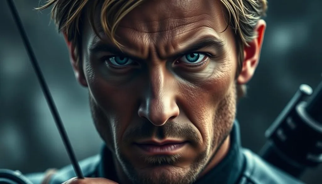 A detailed portrait of the Marvel superhero Hawkeye, featuring his distinctive facial features, piercing gaze, and rugged yet handsome appearance. Captured in a high-resolution, cinematic style, with carefully crafted lighting that accentuates the chiseled contours of his face and the intensity in his eyes. The image should convey a sense of quiet determination and focus, as if Hawkeye is in the midst of a critical mission, ready to unleash his formidable archery skills. Set against a subtly blurred, atmospheric background that hints at the character's adventurous lifestyle and heroic deeds. The overall tone should be gritty, realistic, and true to the character's comic book and cinematic depictions.