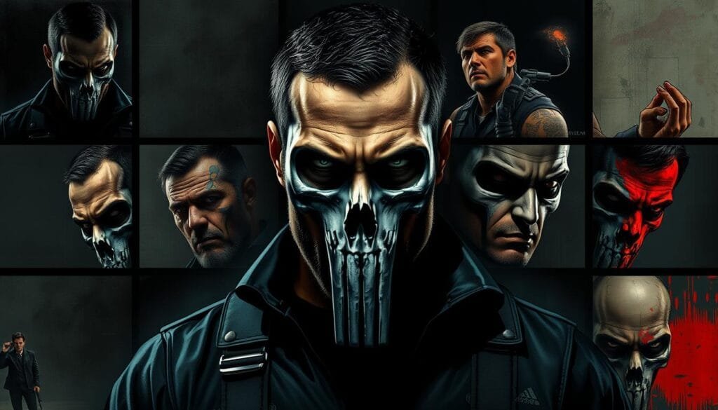 A detailed portrait of the Punisher in a range of artistic styles, including photorealistic, comic book, abstract, and surrealist interpretations. The central figure is Frank Castle, the Punisher, his iconic skull logo prominent against a dark, moody backdrop. The composition features multiple panels or frames, each showcasing the character in a distinct visual treatment - from gritty, high-contrast chiaroscuro to vibrant, expressionistic brushstrokes. The overall effect conveys the many facets of the Punisher's darker persona and the idea of vengeance manifested through diverse artistic lenses. Cinematic lighting, dynamic camera angles, and a sense of movement and intensity permeate the scene.