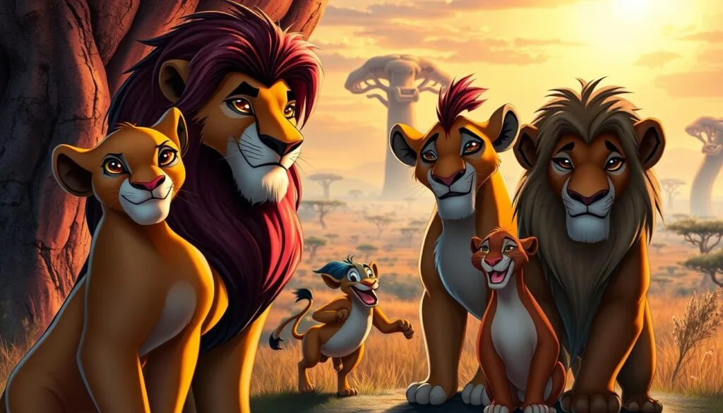 A detailed portrait of the main characters from The Lion King saga, posed gracefully against a richly textured, vibrant backdrop. In the foreground, Simba, Nala, Mufasa, and Scar stand resolute, their features sculpted with dramatic lighting that accentuates their regal bearing. In the middle ground, Timon and Pumbaa frolic playfully, their expressions conveying the joyful spirit of the Pride Lands. The background features a majestic, sun-dappled savanna landscape, with towering baobab trees and a distant, shimmering horizon. The overall composition radiates a sense of majesty, adventure, and the timeless allure of this beloved Disney franchise. A detailed portrait of the main characters from The Lion King saga, posed gracefully against a richly textured, vibrant backdrop. In the foreground, Simba, Nala, Mufasa, and Scar stand resolute, their features sculpted with dramatic lighting that accentuates their regal bearing. In the middle ground, Timon and Pumbaa frolic playfully, their expressions conveying the joyful spirit of the Pride Lands. The background features a majestic, sun-dappled savanna landscape, with towering baobab trees and a distant, shimmering horizon. The overall composition radiates a sense of majesty, adventure, and the timeless allure of this beloved Disney franchise.