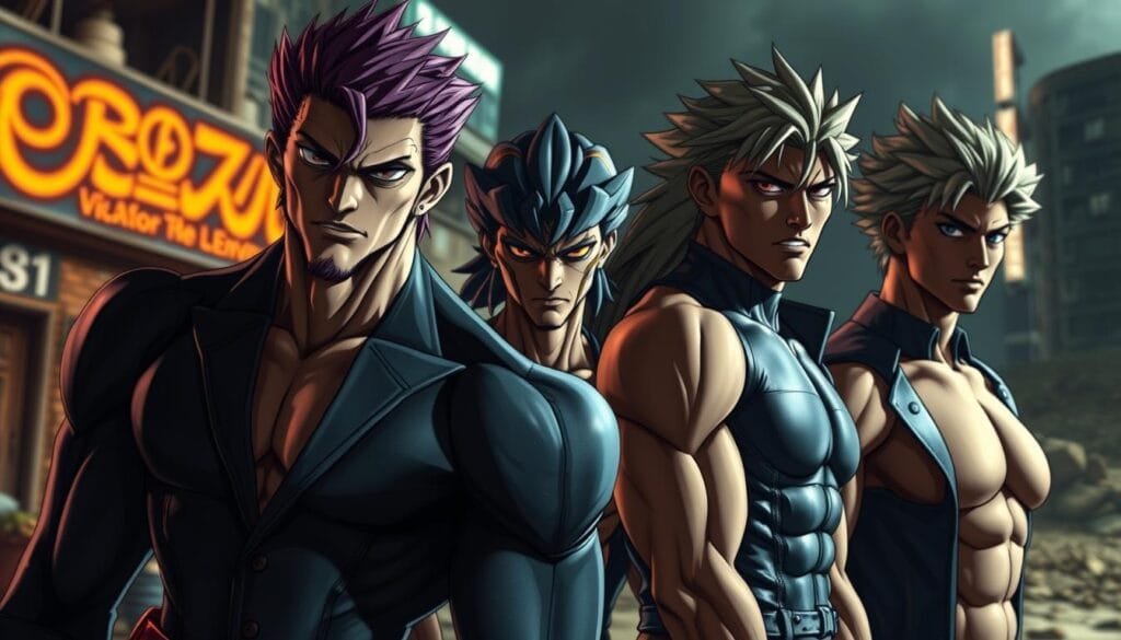 A detailed, realistic portrait of JoJo's Bizarre Adventure characters, capturing their distinctive features and personalities. The scene depicts the protagonists in a dramatic, cinematic lighting, highlighting their muscular physiques, bold expressions, and iconic costumes. The foreground is sharply focused, with a shallow depth of field that blurs the background, creating a sense of depth and emphasizing the central figures. The middle ground showcases the characters' dynamic poses, conveying their strength and determination. The background is a gritty, urban landscape, adding a sense of gritty realism to the fantastical world of JoJo's. The overall tone is one of intensity and realism, blending the surreal elements of the source material with a grounded, photographic aesthetic.