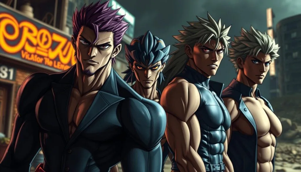 A detailed, realistic portrait of JoJo's Bizarre Adventure characters, capturing their distinctive features and personalities. The scene depicts the protagonists in a dramatic, cinematic lighting, highlighting their muscular physiques, bold expressions, and iconic costumes. The foreground is sharply focused, with a shallow depth of field that blurs the background, creating a sense of depth and emphasizing the central figures. The middle ground showcases the characters' dynamic poses, conveying their strength and determination. The background is a gritty, urban landscape, adding a sense of gritty realism to the fantastical world of JoJo's. The overall tone is one of intensity and realism, blending the surreal elements of the source material with a grounded, photographic aesthetic. A detailed, realistic portrait of JoJo's Bizarre Adventure characters, capturing their distinctive features and personalities. The scene depicts the protagonists in a dramatic, cinematic lighting, highlighting their muscular physiques, bold expressions, and iconic costumes. The foreground is sharply focused, with a shallow depth of field that blurs the background, creating a sense of depth and emphasizing the central figures. The middle ground showcases the characters' dynamic poses, conveying their strength and determination. The background is a gritty, urban landscape, adding a sense of gritty realism to the fantastical world of JoJo's. The overall tone is one of intensity and realism, blending the surreal elements of the source material with a grounded, photographic aesthetic.